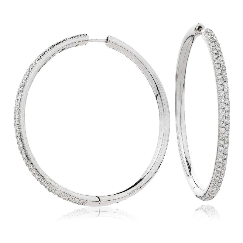 Light wood earrings-DIAMOND PAVE SETTING BIG HOOP EARRINGS IN 18K WHITE GOLD