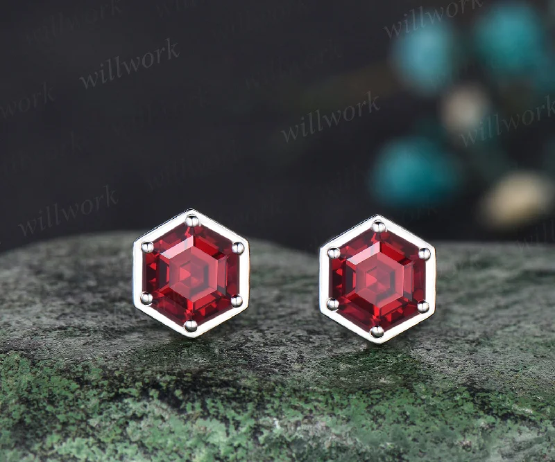 Half moon earrings-Unique July Birthstone Hexagon Cut Ruby Earrings Vintage 14k White Gold Red Gemstone Stud Earrings Ruby Pierced Earrings Gift For Mother