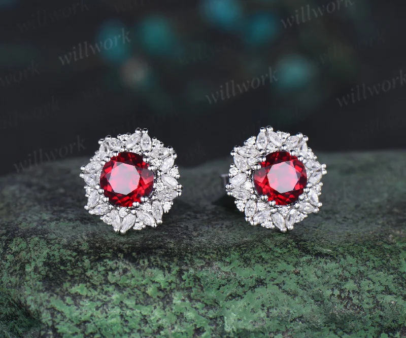 Fine triangle earrings-Vintage round cut red ruby Earrings women solid 14k white gold 8 prong double halo marquise moissanite Stud Earrings Anniversary Gift