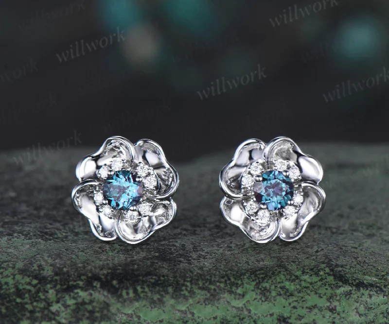 Bali tile earrings-Dainty Round Cut Alexandrite Stud Earrings white gold Unique Nature Inspired Earrings Flower Earrings Art Deco June Birthstone Pierced Earrings Women