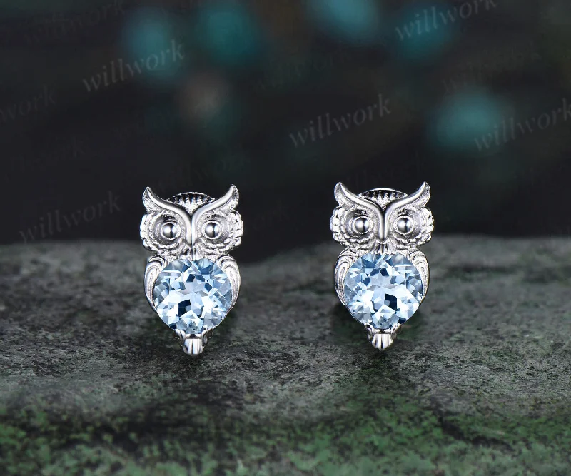 Solid bar earrings-Owl round cut aquamarine Stud Earrings white gold Hypoallergenic Earrings Animal Inspired Gemstone Jewelry