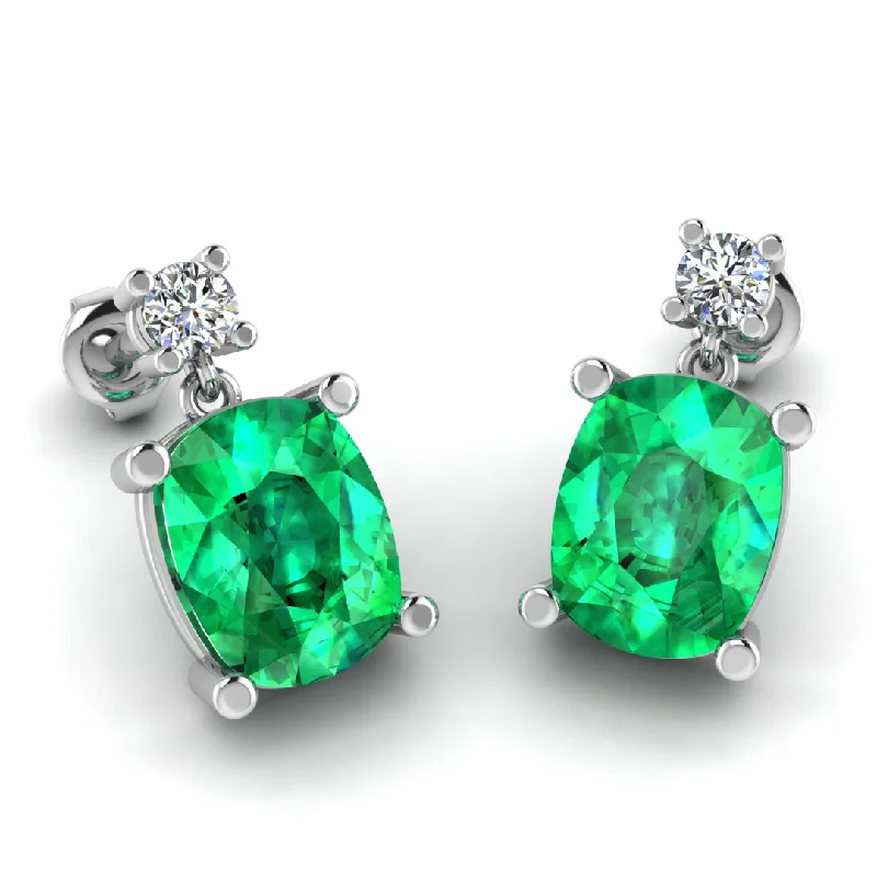 Subtle drop earrings-Cushion Shape Emerald Natural Diamond Drop Earrings EDCCE