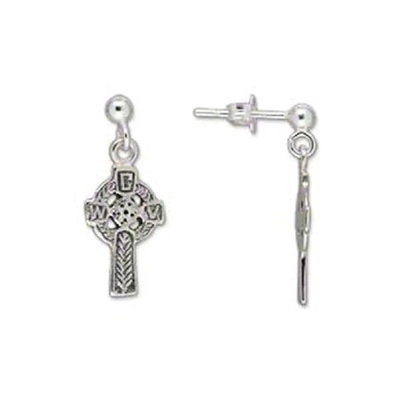 Yarn fringe earrings-Celtic Cross Dangle Earrings Sterling Silver Catholic War Veterans Symbol