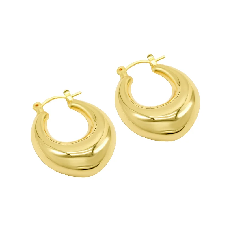 Shiny pearl earrings-14k Gold Plated Domed Oval Hoop Earrings