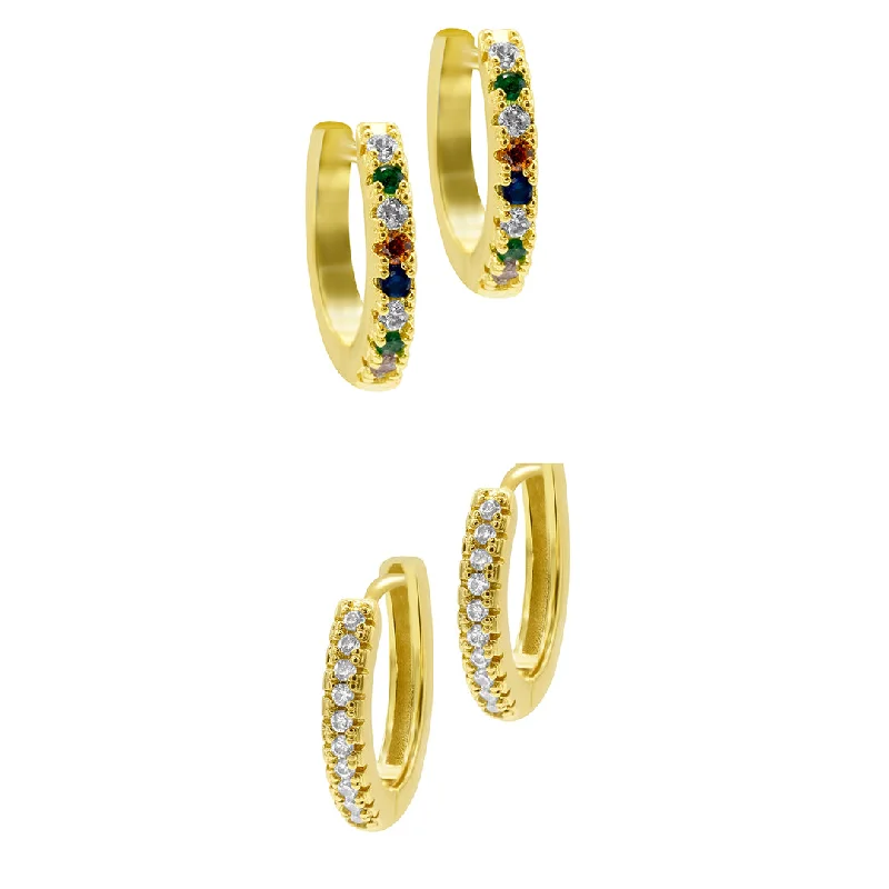 Shiny star earrings-14k Gold Plated Set Of Plain And Rainbow Huggie Hoop Earrings