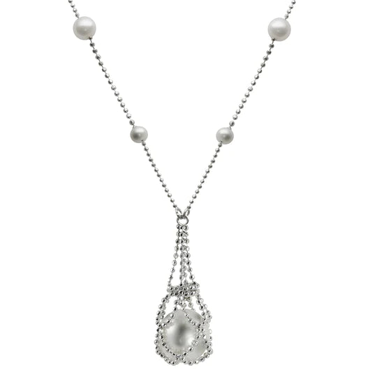 Snap clasp necklaces-Sterling Silver Lace Freshwater Pearl Station and Pearl Drop Necklace