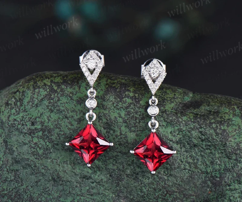 Sea motif earrings-1ct princess cut red ruby earrings women 14k white gold bezel kite halo diamond drop earrings antique anniversary gift for her