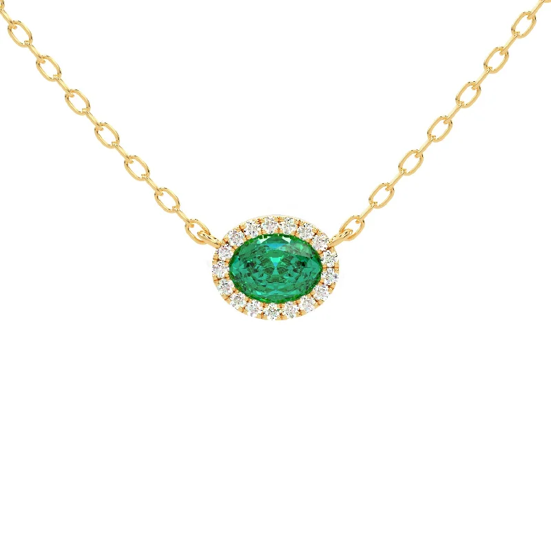 Linen braid necklaces-Emerald and Diamond Halo Pendant Necklace