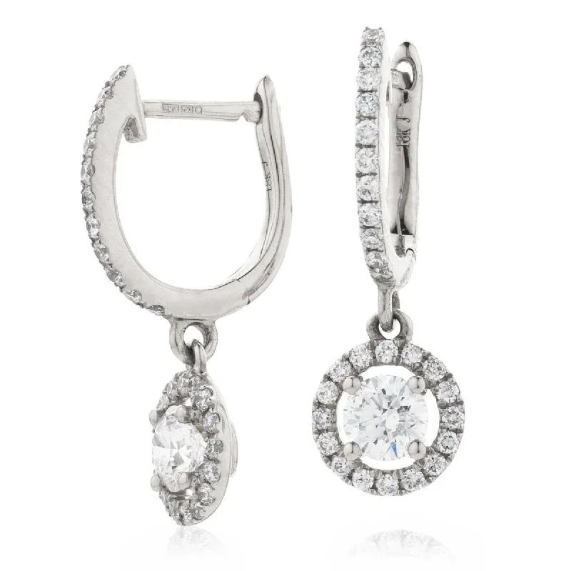 Pink gold earrings-DIAMOND HALO DROP HOOP EARRINGS IN 18K WHITE GOLD