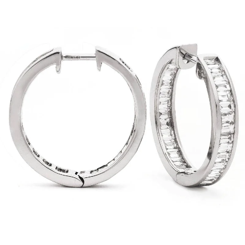 Old coin earrings-BAGUETTE CUT DIAMOND CHANNEL SETTING HOOP EARRINGS IN 18K WHITE GOLD