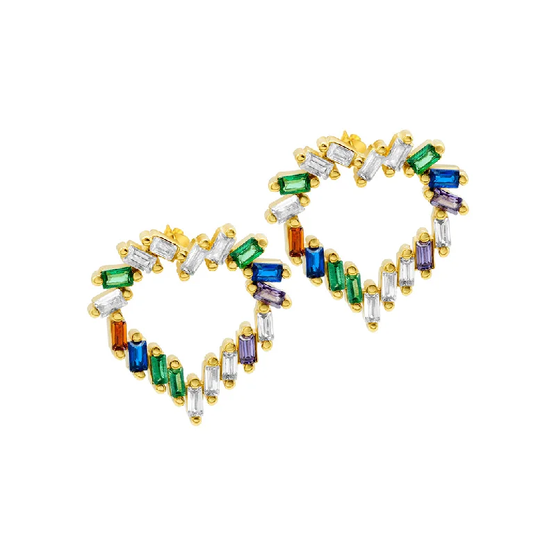 Glossy gold earrings-14k Gold Plated Rainbow Baguette Open Heart Studs Earrings