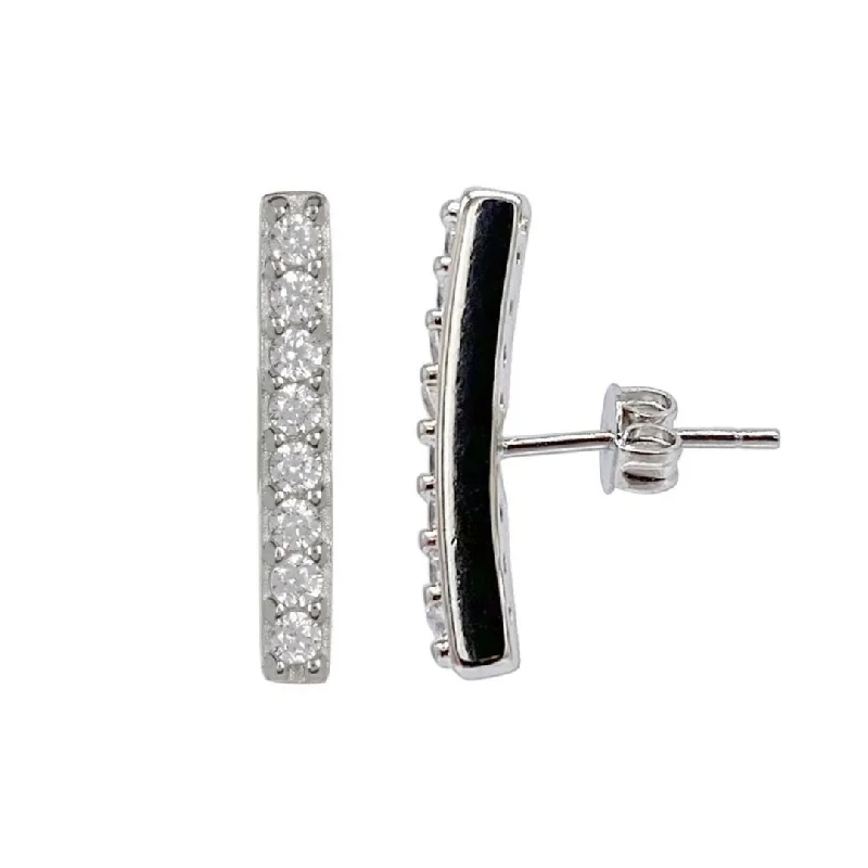 Patina bronze earrings-Rhodium Plated Crystal Bar Studs