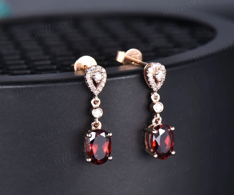 Flat medallion earrings-Vintaeg 1ct oval ganet earrings solid 14k rose gold ring real diamond Earrings women garnet jewelry gift her January birthstone earrings