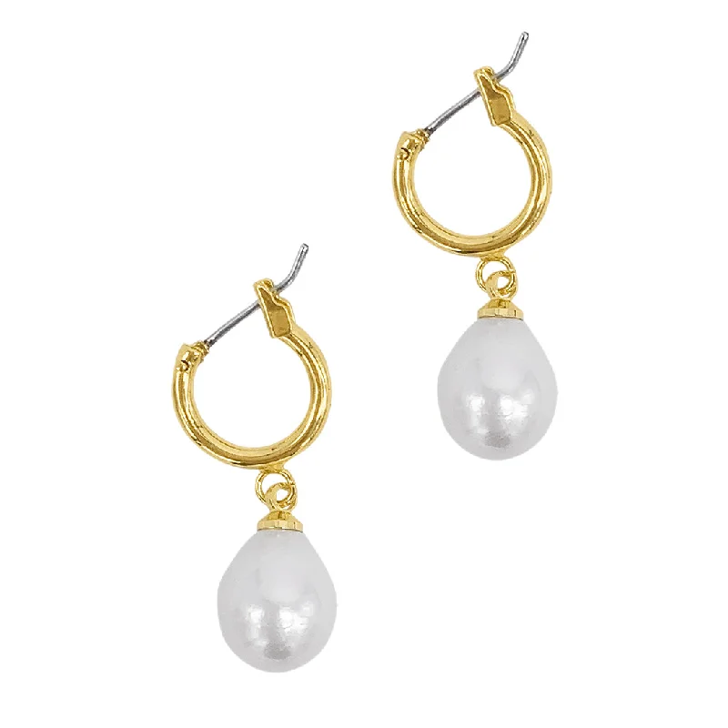 Light clay earrings-14k Gold Plated Freshwater Pearl Huggie Drop Earrings