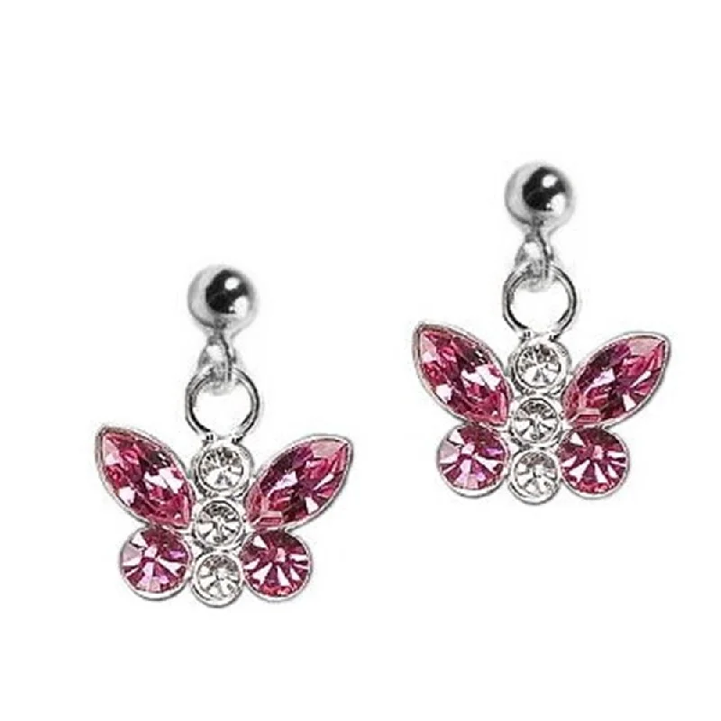 Antique clip earrings-Pink Butterfly Earrings with Rose Swarovski(R) Crystals Sterling Silver