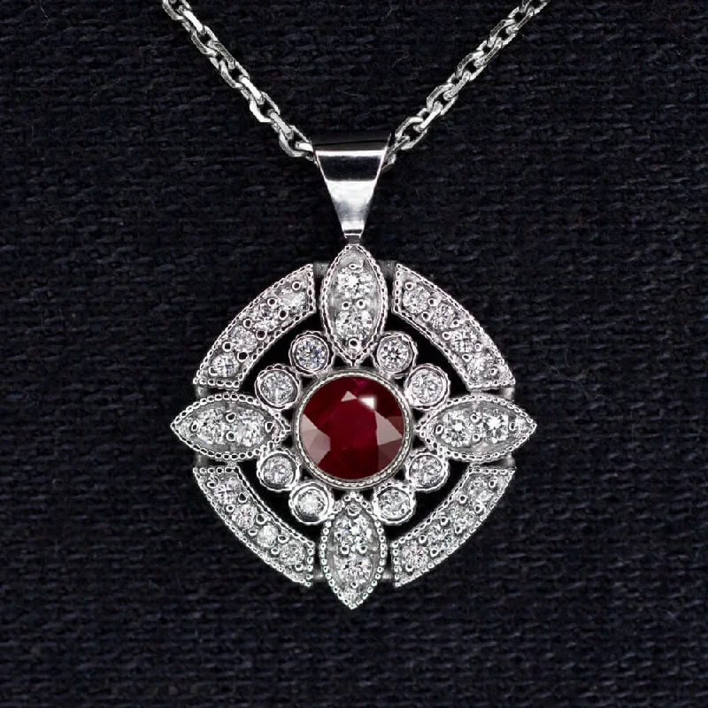 Firm chain necklaces-RUBY DIAMOND PENDANT ART DECO VINTAGE STYLE 14k WHITE GOLD RED HALO NECKLACE