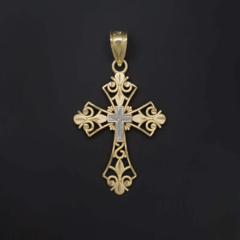 Rose motif necklaces-14k TWO TONE YELLOW WHITE GOLD CROSS PENDANT NECKLACE CHRISTIAN CONFIRMATION