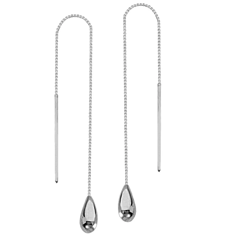 Layered tier earrings-Threader Earrings 14K White Gold Polished Teardrop and Bar with Box Chain