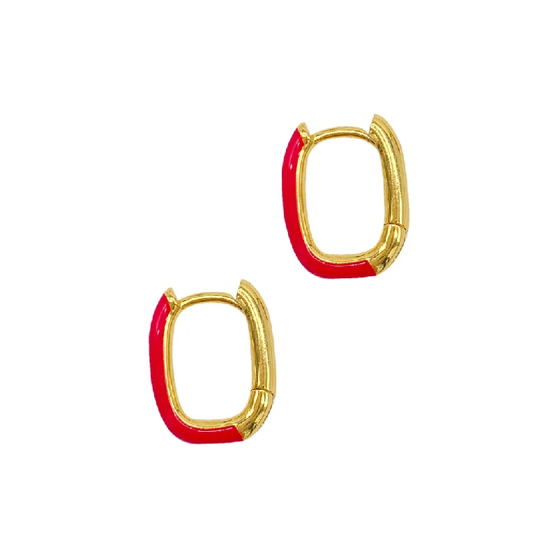 Fine pearl earrings-14k Gold Plated Pink Enamel Rectangle Huggie Hoops