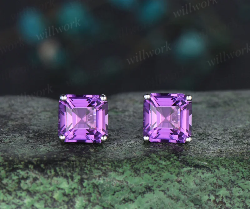 Turquoise stone earrings-Solitaire Asscher Cut amethyst Earrings white gold Crystal Stud Earrings women February birthstone anniversary gift