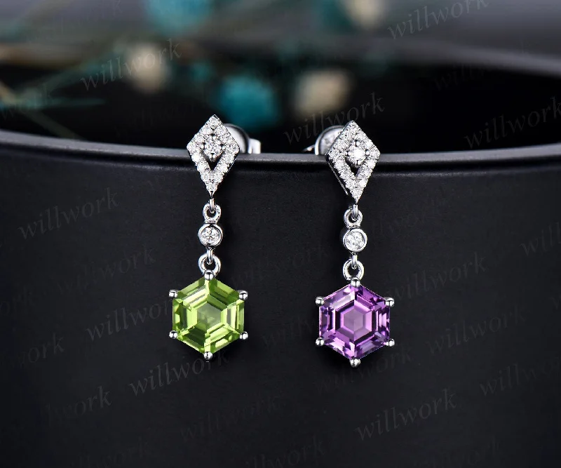 Small dot earrings-Vintage 1ct hexagon cut amethyst and peridot earrings women solid 14k white gold kite halo diamond drop earrings anniversary gift for her