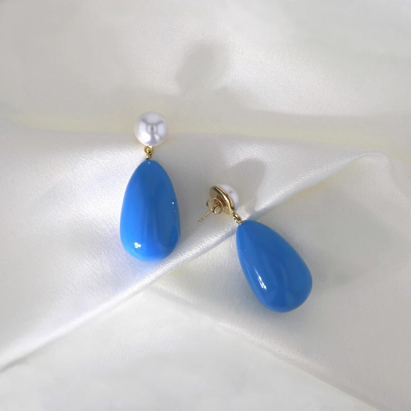 Drop Blue & White Gold Plated Earrings w. Pearls