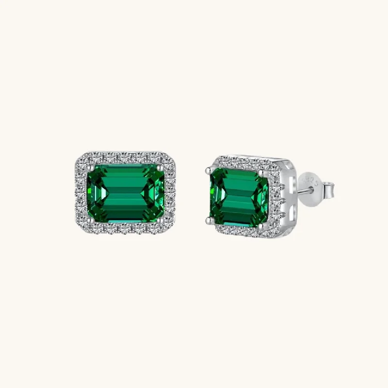 Soft drop earrings-Diamond Halo Emerald Stone Stud Earrings