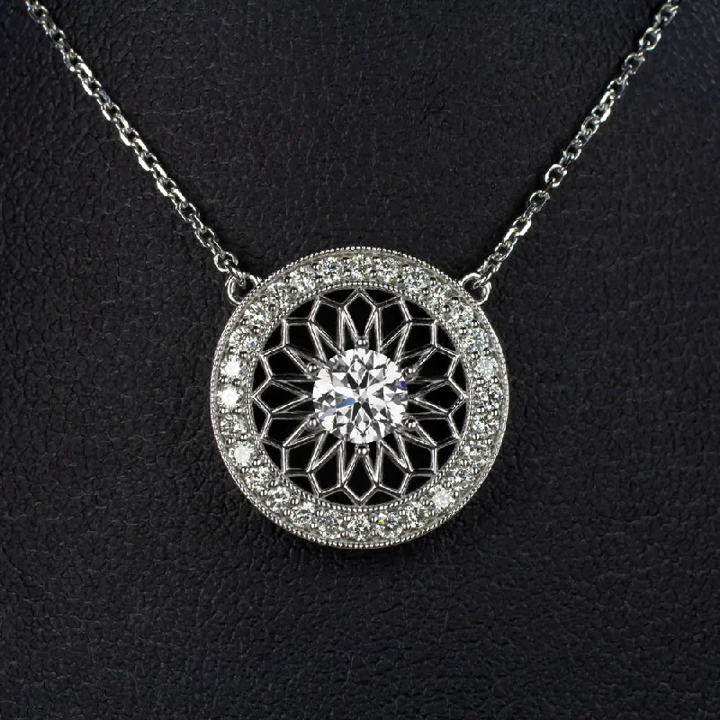 Heavy bib necklaces-VINTAGE STYLE LAB CREATED DIAMOND FILIGREE HALO PENDANT NECKLACE ART DECO ROUND