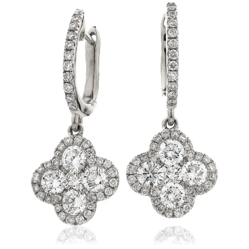 Topaz stone earrings-DIAMOND CLUSTER AND HALO DROP EARRINGS IN 18K WHITE GOLD