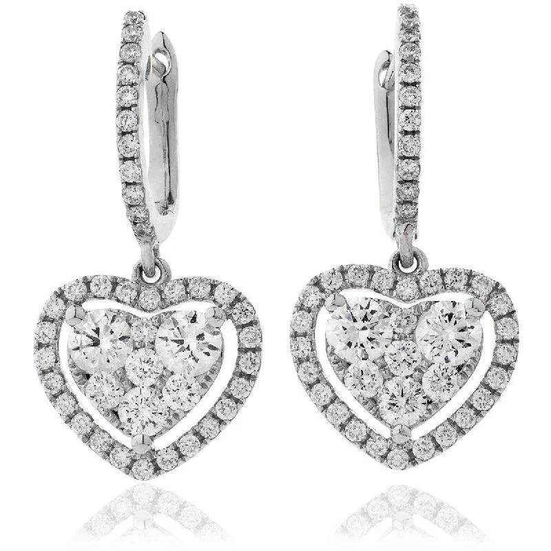 Square dangle earrings-DIAMOND CLUSTER AND HALO DROP EARRINGS IN 18K WHITE GOLD