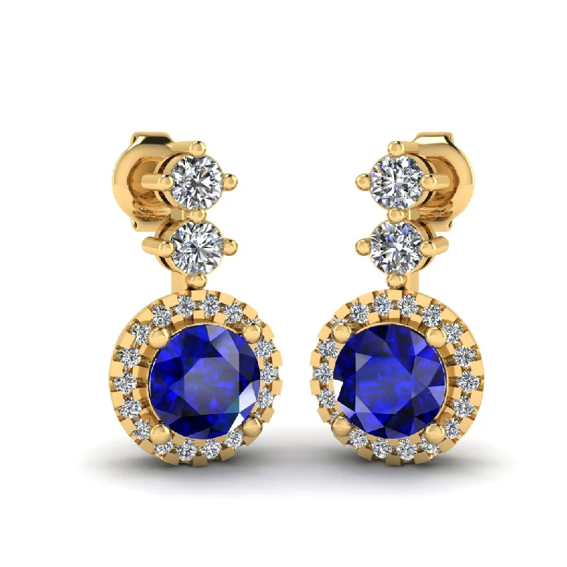 Coil knot earrings-Sapphire 1.10 Carat Round Shape Halo Lab Grown Diamond Drop Earrings E1RBS