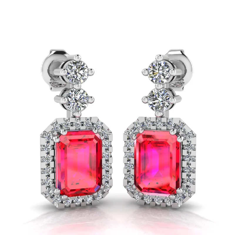 Wanderer weave earrings-Emerald Cut 1 Carat Ruby Natural Diamond Halo Drop Earrings E1ECR