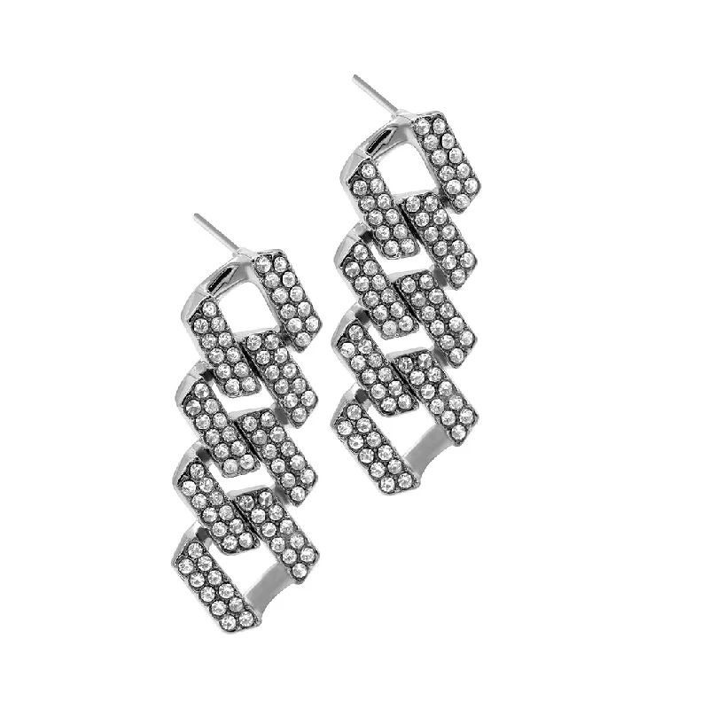 Layered tier earrings-Rhodium Plated Edgy Cuban Chain Crystal Drop Earrings