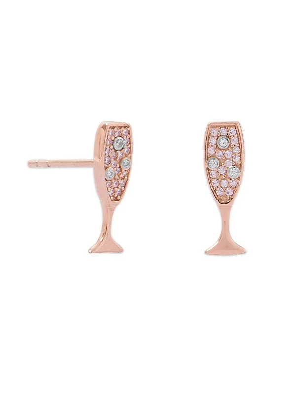 Agate drop earrings-Champagne Glass Stud Earrings Cubic Zirconia CZ Post Rose Gold-plated