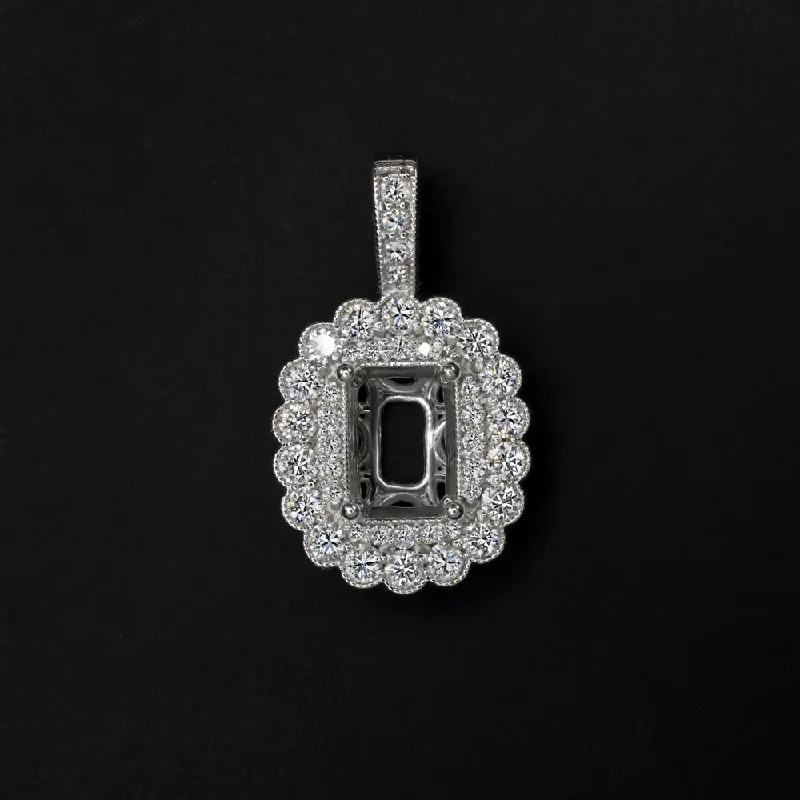 Zodiac charm necklaces-DIAMOND SEMI MOUNT PENDANT SETTING RADIANT EMERALD CUT SCALLOPED HALO NECKLACE