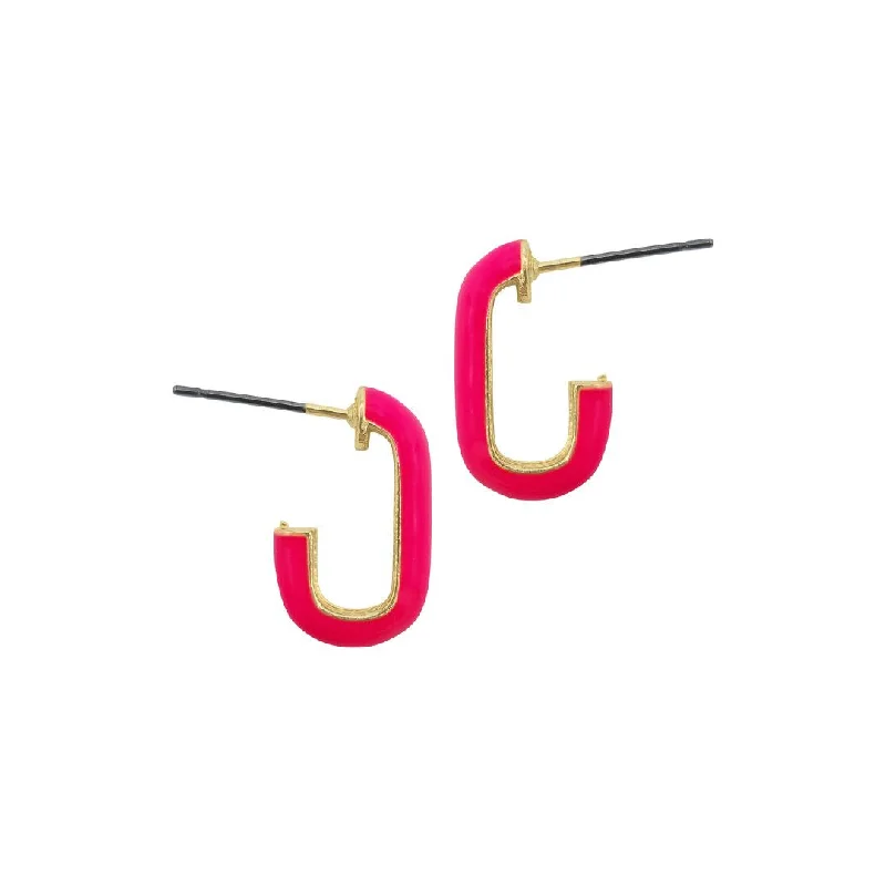 Curved design earrings-14k Gold Plated Pink Enamel Rectangle Huggies