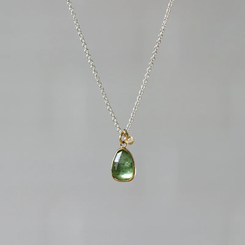 Smooth pendant necklaces-Green Tourmaline Sterling Silver and 14K Yellow Gold Theia Necklace