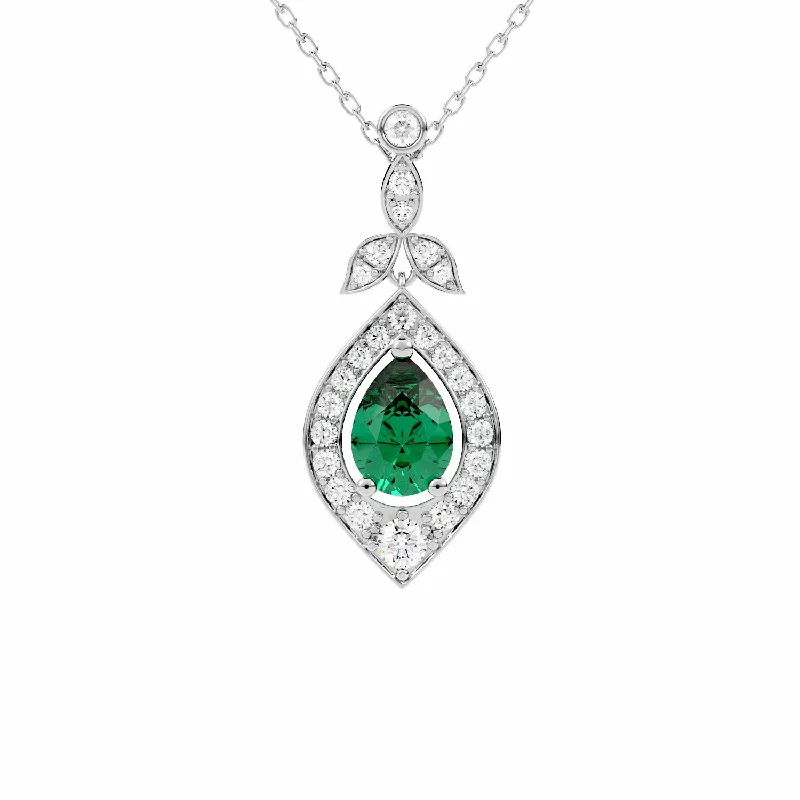 Bamboo weave necklaces-Pear Shape Emerald Halo Drop Pendant Necklace