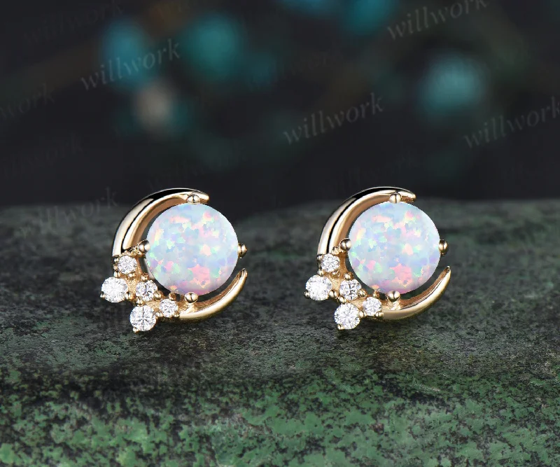 Thick dangle earrings-Round opal stud earrings solid 14k yellow gold October birthstone moon cluster diamond earrings anniversary gift for women