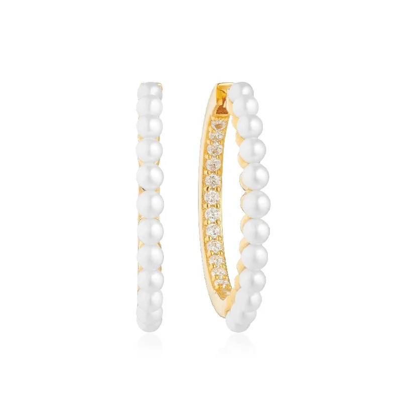 Padua Grande Gold Plated Hoops w. White Zirconias & Pearls