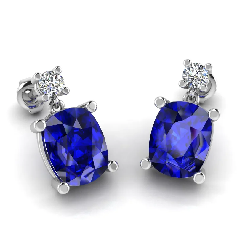 Cotton cord earrings-Cushion Shape Sapphire Natural Diamond Drop Earrings EDCCS