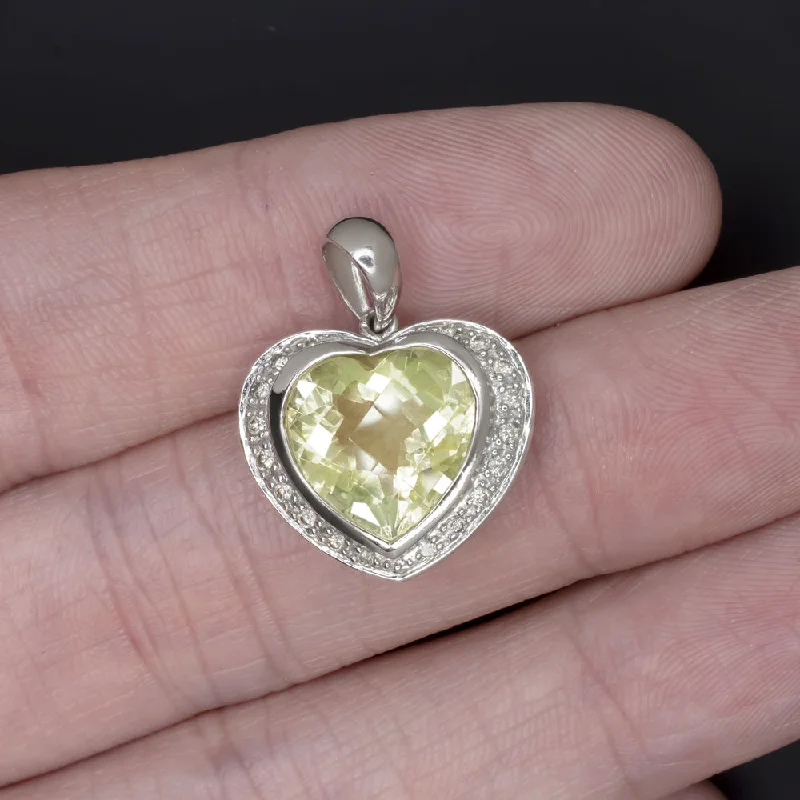 Stamped monogram necklaces-HEART SHAPE LEMON QUARTZ DIAMOND PENDANT 14k WHITE GOLD NECKLACE YELLOW GREEN