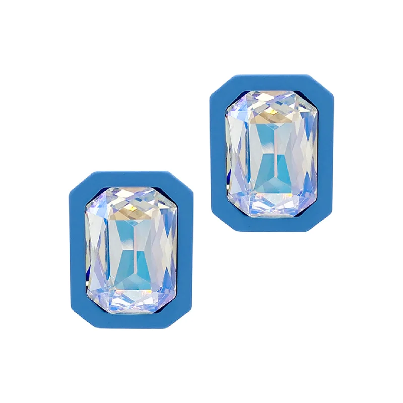 Rose motif earrings-Blue Cushion Halo Crystal Studs