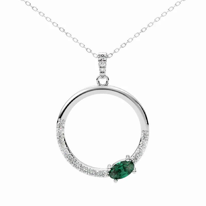 Twist knot necklaces-Open Circle Diamond Necklace with Oval Emerald