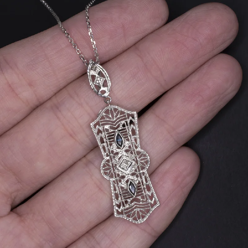 Fine drop necklaces-VINTAGE DIAMOND SAPPHIRE 14K WHITE GOLD PENDANT 18in NECKLACE FILIGREE ART DECO