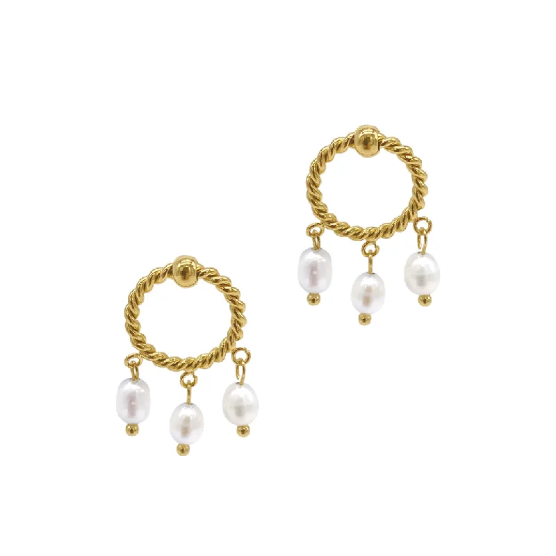 Coil knot earrings-Tarnish Resistant 14k Gold Plated Cable Hoop and 3-Pearl Dangle Earrings