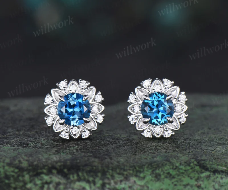 Polished bead earrings-Unique Round Cut London Blue Topaz Stud Earrings Art Deco 14k white Gold diamond Halo Earrings December Birthstone Earrings