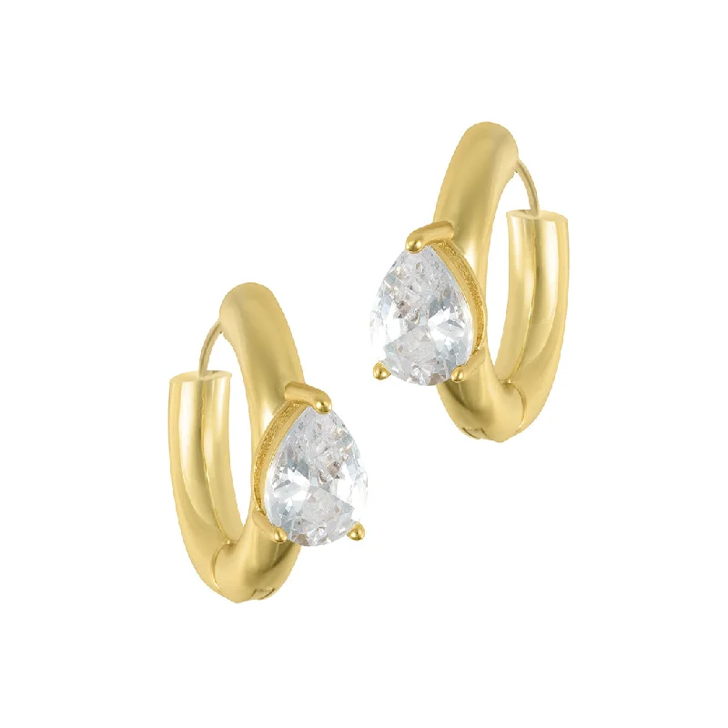 Flat medallion earrings-Tarnish Resistant 14k Gold Plated  Chubby Hoop with Clear Pear Shaped Stone