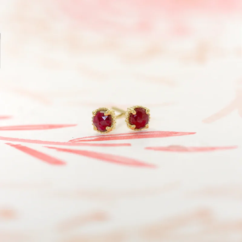 Shiny pearl earrings-Ribbed Rose Cut Mercury Studs - Ruby