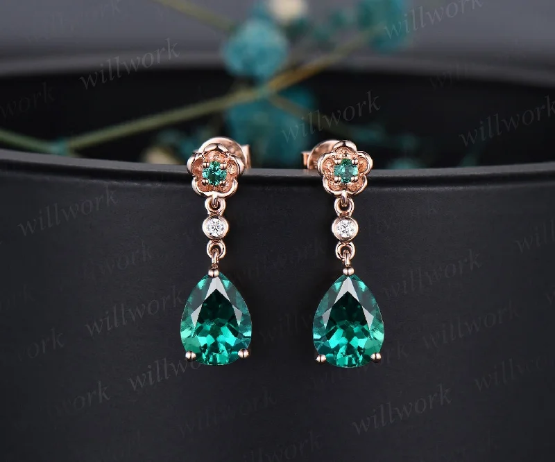 Soft cord earrings-Floral pear shaped green emerald earrings rose gold three stone bezel diamond flower drop earrings women anniversary gift for her jewelry